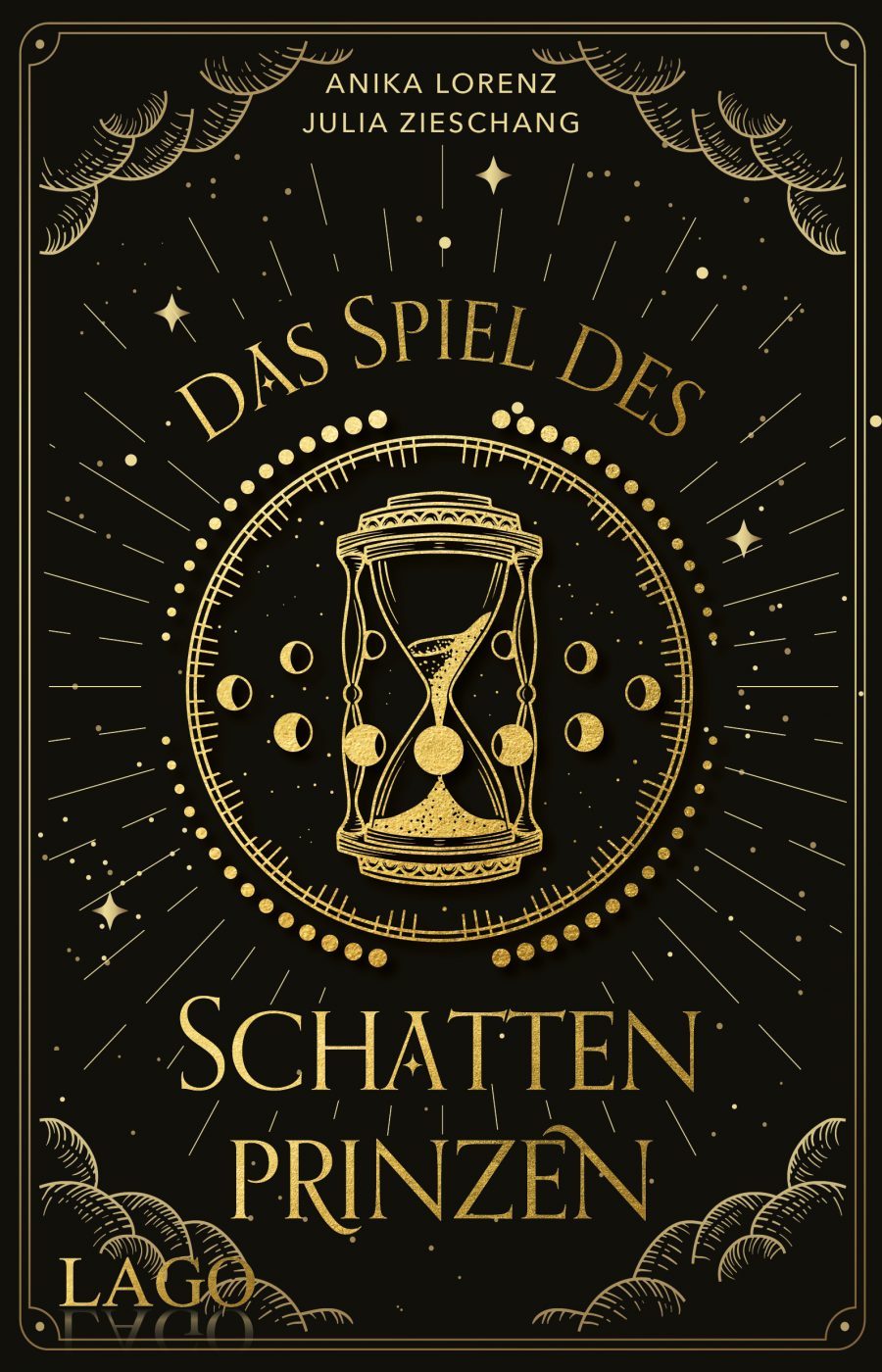 Schwarzes Cover mit goldener Schrift, Sanduhr und Mondphasen