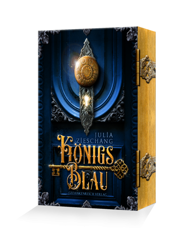 Königsblau-Taschenbuch-Farbschnitt Geheimnisvolle dunkelblaue Tür mit goldenem Schlüssel