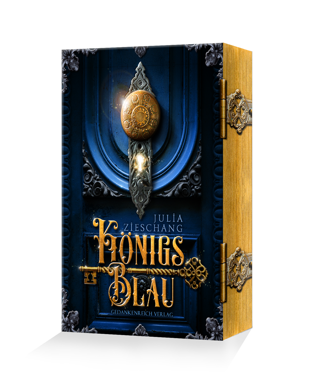 Königsblau-Taschenbuch-Farbschnitt Geheimnisvolle dunkelblaue Tür mit goldenem Schlüssel